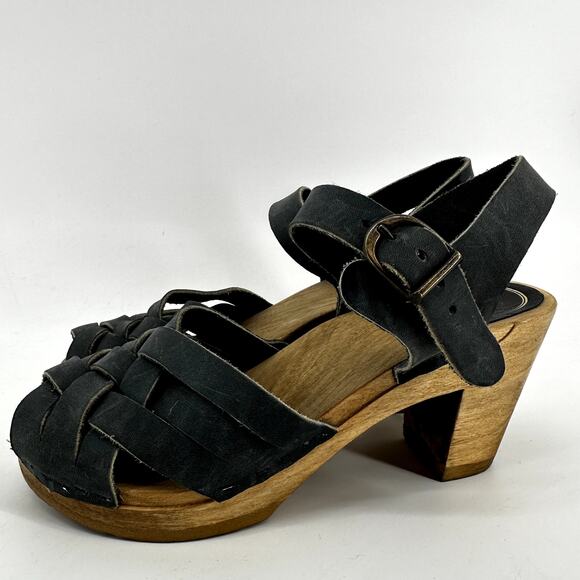 No. 6 Jane Huarache Platform Clog Leather Peep Toe Ankle Strap Midnight Black 6 - Picture 4 of 7